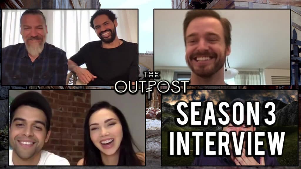 the outpost season 3 cast jessica green, anand, jake, adam and aaron.