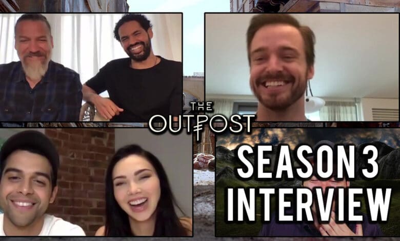 the outpost season 3 cast jessica green, anand, jake, adam and aaron.